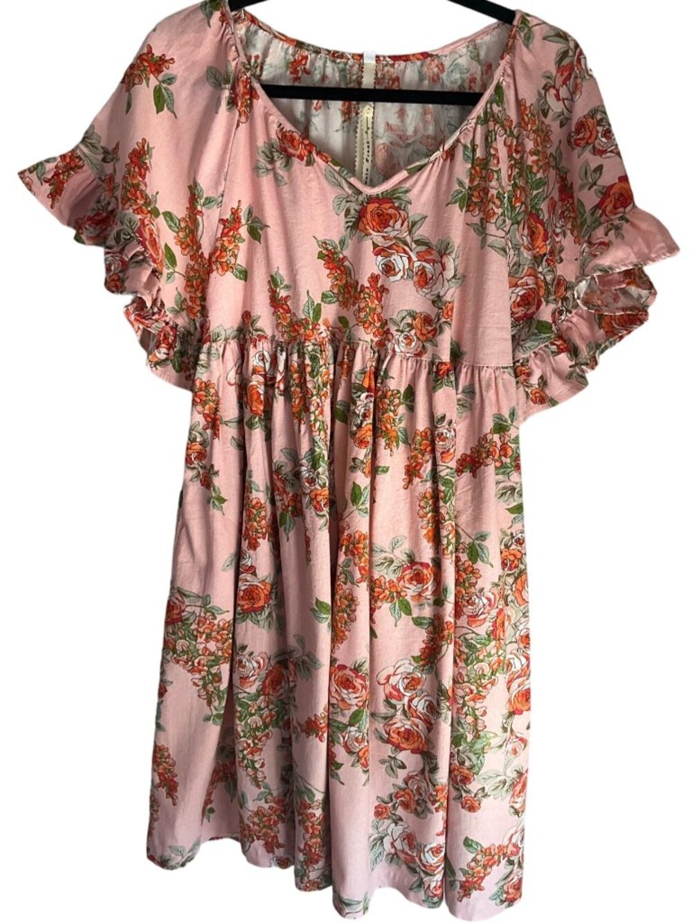 Uncle Frank Baby Doll Dress Linen Bl Floral Ruffles Flowy Sundress Pink Made USA - Picture 6 of 15